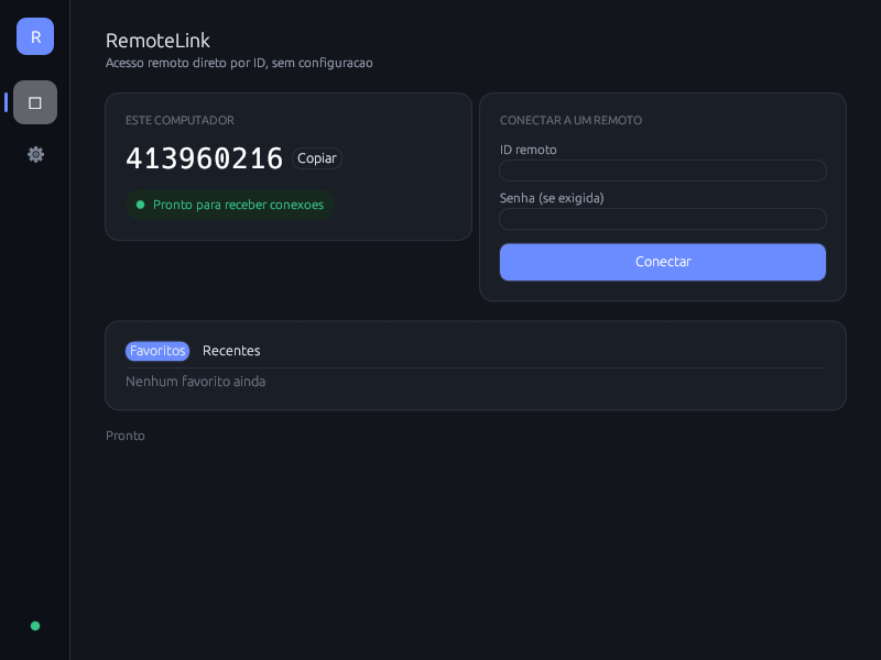 Tela do RemoteLink mostrando o ID do computador e o campo para conectar a um remoto